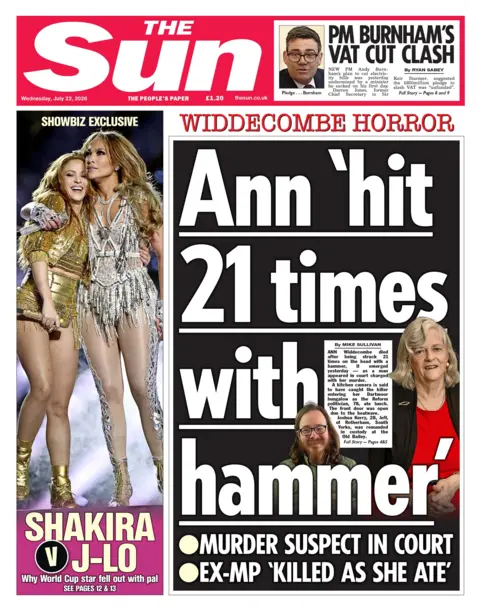 The headline on the front page of the Sun reads: “Ann 'hit 21 times with hammer'”.