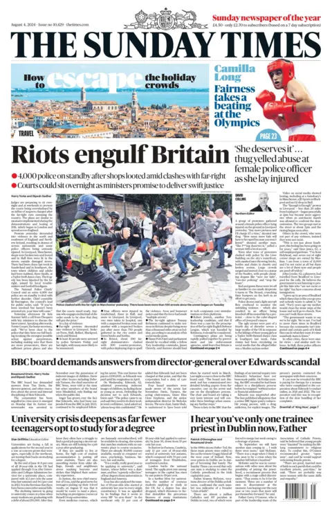 The headline on the front page of the Sunday Times reads: "Riots engulf Britain"