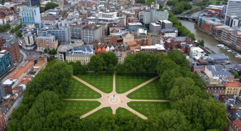 Queen Square in Bristol seen from above with the city centre in the background
