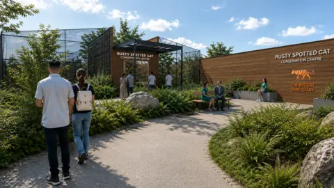 The Big Cat Sanctuary A CGI showing some animal enclosures surrounded by green plants and people walking. A sign reads "rusty spotted cat conservation centre".