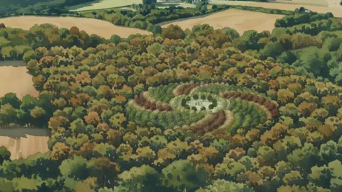 Enviral An artist's impression of the fully mature landscape of Echo Wood. In its centre is a swirling pattern of trees of different species, which is surrounded by wilder woodland and then fields. 