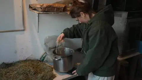 Caelo Dineen Vanstone is seen standing indoors pouring shredded Christmas tree material into a metal pot on a work surface, with bags of plant material and equipment visible around them.