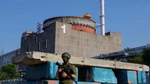 Reuters A soldier stands outside the Zaporizhzhia nuclear plant in June 2023