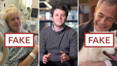 BBC journalist Ben Summers with fake images of Boris Johnson and Nigel Farage