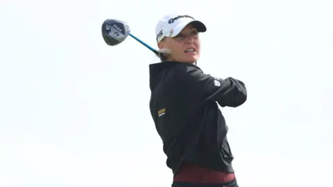 PA England's Charley Hull tees off on the 3rd on day four of the 2025 AIG Women's Open at Royal Porthcawl. P