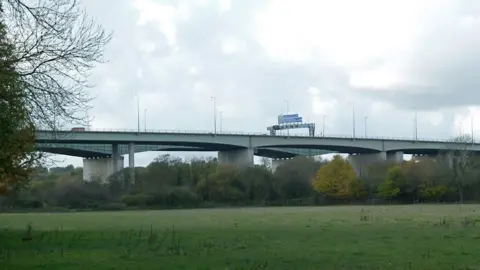 Thelwall viaduct with grass underneath it