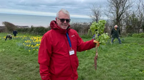 Vice-chair of Sidmouth town council, Paul Dodds, holds an alexander plant in his left hand demonstrating how big the root is.