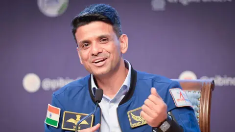 Hindustan Times via Getty Images Astronaut Group Captain Shubhanshu Shukla during a media interaction