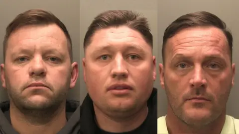 Lincolnshire Police Composite image showing police mug shots of the three men. All have dark brown hair and are looking directly at the camera.