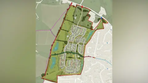 Wain Estates A plan of a proposed housing development with a number of beige rectangles representing houses on a green background