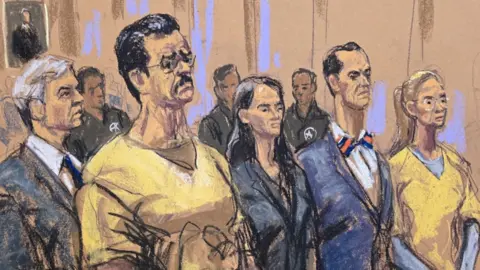 A court sketch showing Maduro and his wife wearing yellow prison suits, in court.