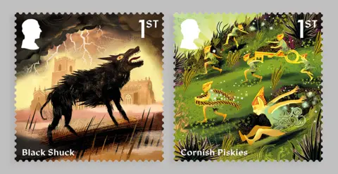 Royal Mail/PA Wire The stamp on the left depicts the Black Shuck hound and the one on the right Cornish piskies running down a hill