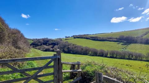 Green fields and a wooden gate below a bright blue sky with a few wisps of cloud