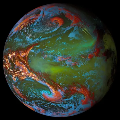 Sergio Díaz Ruiz An image of Earth using16 bands monitored by the GOES-18 weather satellite to encode land masses, oceans and atmospheric features as different colours.