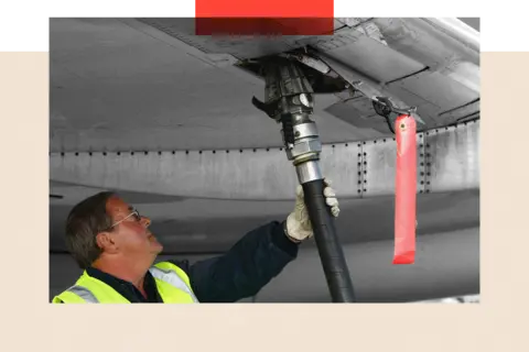 Getty Images A man in hi-vis vest monitors a fuelling hose while refuelling an American Airlines plane. 