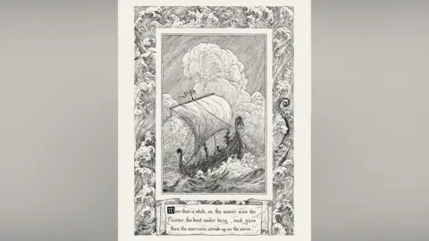 Illustrated Books An illustration of a medieval boat on a stormy sea, with text printed underneath saying More than a while, on the waves was the floater, the boat under berg, and yare ten the warriors strode up on the stem.