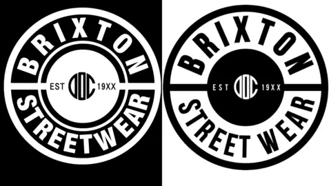 Brixton Street Wear The logo on the left has the words Brixton Street Wear in white writing on black in a circle and in the middle of the circle are the words 'EST DOC 19XX'. The old logo on the write is the same shape but with black writing on a white background with larger font. 