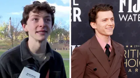 A Tom Holland doppelganger and Tom Holland himself are on the left and right of a split screen