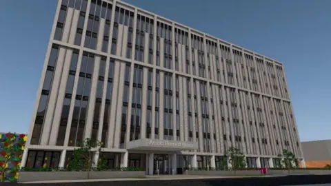 Hanley Library Redevelopment Ltd A computer-generated image showing a multi-storey apartment building, which is grey in colour. Words on a canopy above the entrance say "Arnold Bennett House".