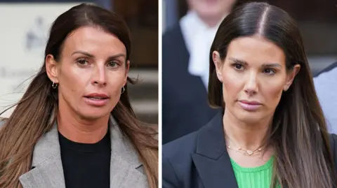 PA Colleen Rooney e Rebekah Vardy retratadas durante o processo judicial de 2022.