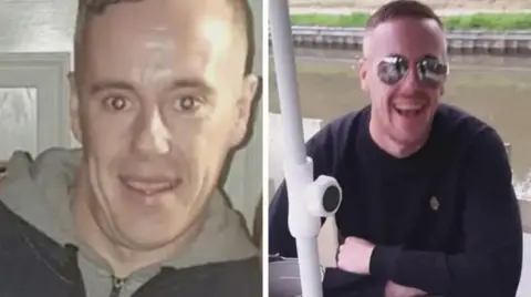 Two pictures of a man with short brown hair and wearing mirrored sunglasses in one photo