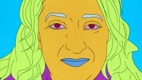 A multi-coloured cartoon-style drawing of the head and shoulders of Dame Zaha Hadid by Michael Craig-Martin