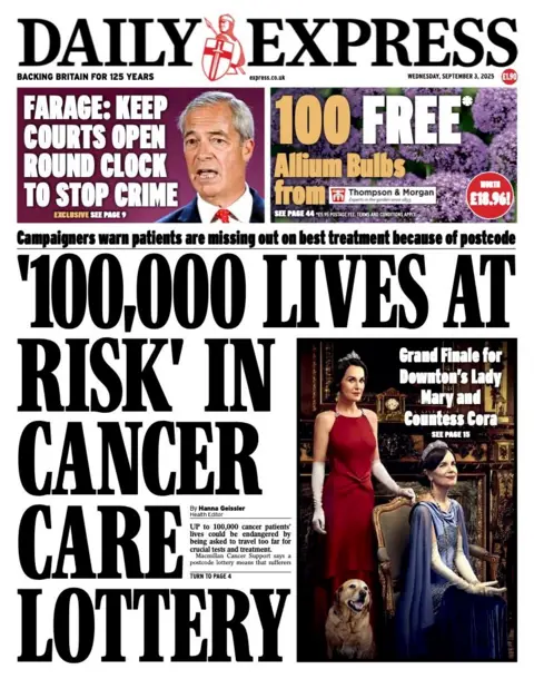The headline on the front page of the Daily Express reads: "100,000 lives at risk in cancer care lottery".