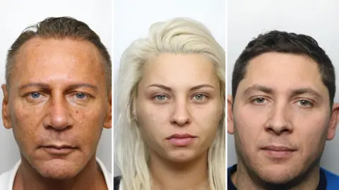 Three police headshots: a man with short brown hair wearing a white T shirt, a woman with long blonde hair wearing a black top and a man with short brown hair wearing a blue T shirt.