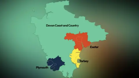 Devon County Council A map showing the new boundaries for unitary councils in Devon to be introduced in 2028