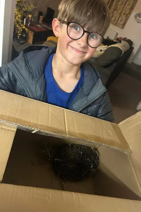 Brody's Animal Buddies A boy with a brown fringe and large glasses smiles brightly as he hold a carboard box containing a hedgehog.