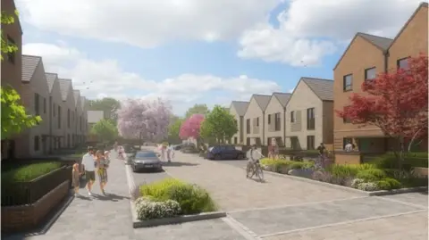An artists impression of what the housing development in Hengrove will look like with two and three storey houses and shrubbery.