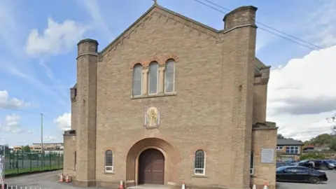 Front entrance of St Bernard's Roman Catholic Church, Burnage, Manchester