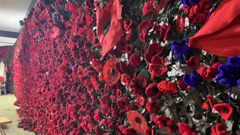 A wall of poppies hangs in a room. The bright red flowers have been stitched to a green net and completely covers the wall.