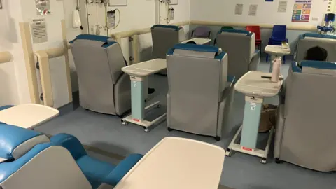 Recliners in rows inside the new temporary unit