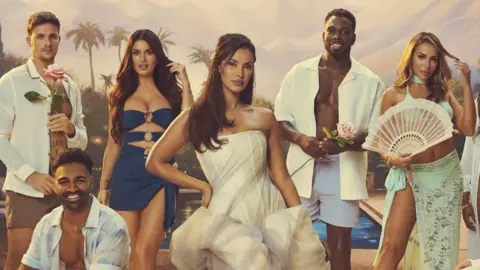 ITV A Love Island All Stars cast shot with glamorous outfits on contestants and Maya Jama