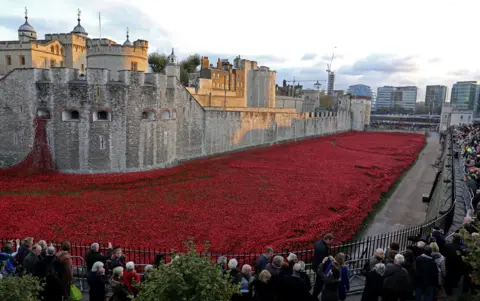 PA Media People view the Tower of London moat filled with ceramic poppies