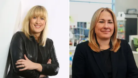 Left hand side: Claire Riley has blonde hair and is wearing a black jacket with her arms crossed, while leaning against a white internal wall. She is smiling. Right hand side: Lesley Powell has blonde hair and is wearing a black blazer jacket. She is smiling and what looks like a classroom is blurred behind her.