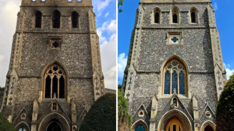 St John the Baptist A composite image showing what the scorched church looked like in 2018 on the left, next to the restored building on the right
