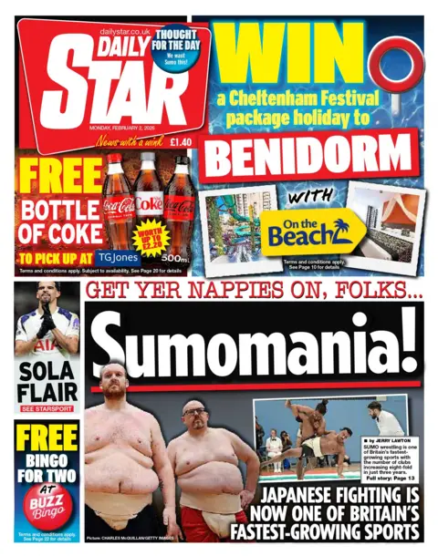 "Get yer nappies on, folks... Sumomania! Japanese fighting is now one of Britain's fastest-growing sports," reads the headline on the front page of the Daily Star.