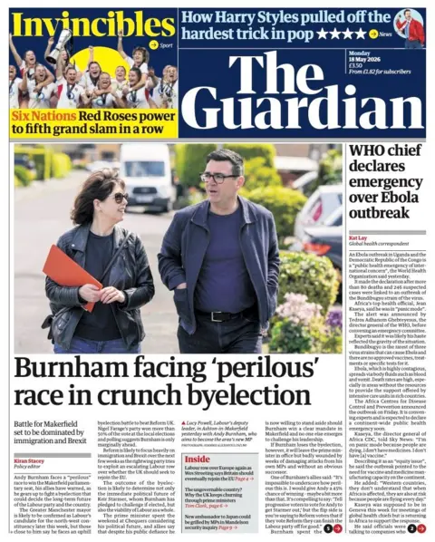 The headline on the front page of the Guardian reads: "Burnham facing 'perilous' race in crunch byelection."