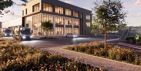 Wiltshire Council A digital image of the site depicting a modern office block, with several bin lorries nearby, and flowerbeds around brick paths.