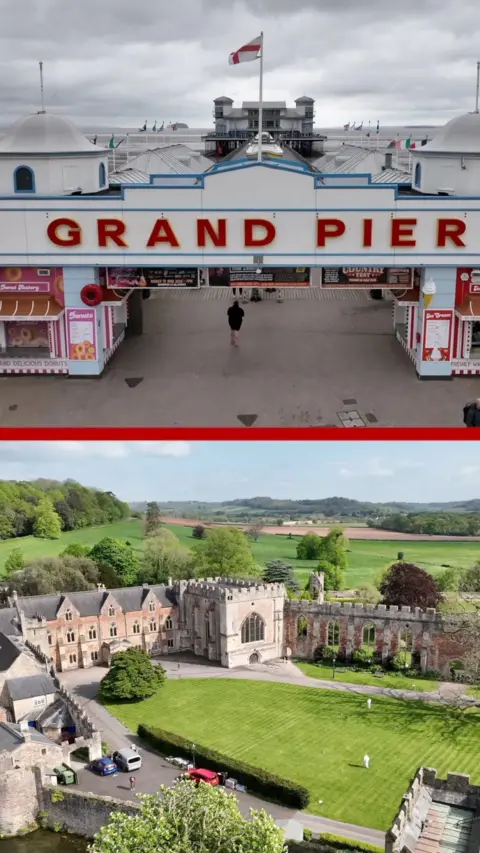 A split screen showing the Weston pier on the top and an estate with green fields on the bottom.