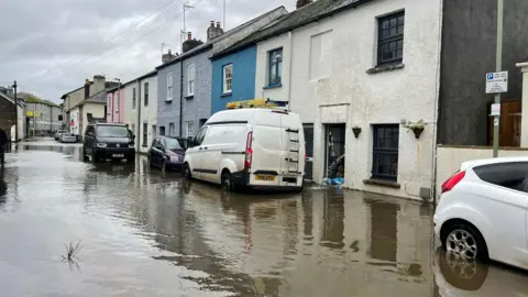 Ali Soper Flood water in the Warland area of Totnes. There are parked vehicles submerged in the water and houses to the right.