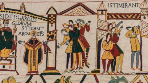 Search Press/Mark Davison Detail from Mia Hansson's replica of the Bayeux Tapestry, showing figures in a castle