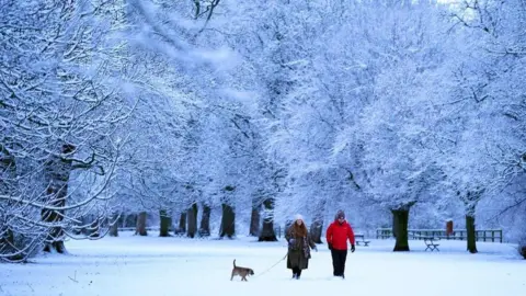 A woman and a man walk in a snowy garden