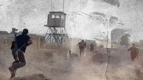 BBC Graphic depiction of Hamas storming Nahal Oz on 7 October - gunman can be seen running and a base watchtower is visible