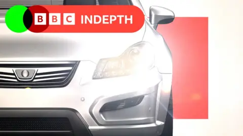 A treated illustration of a car with its headlights on