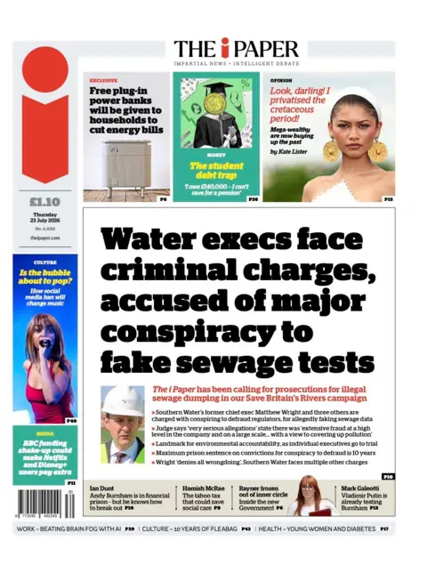 The headline on the front page of the i Paper reads: “Water execs face criminal charges, accused of major conspiracy to fake sewage tests”.