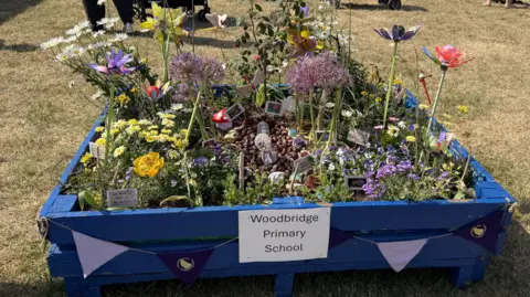 Liz Nice/BBC A small blue painted square-shaped planter garden filled with different flowers. On the front is lilac and blue bunting and a label saying Woodbridge Primary School.