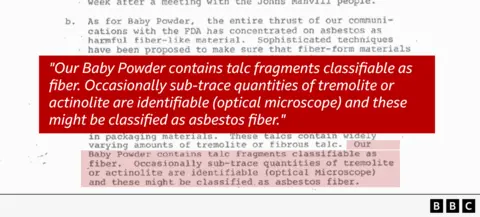  Our baby powder contains talc fragments classifiable as fiber. Occasionally sub-trace quantities of tremolite or actinolite are identifiable (optical microscope) and these might be classified as asbestos fiber."